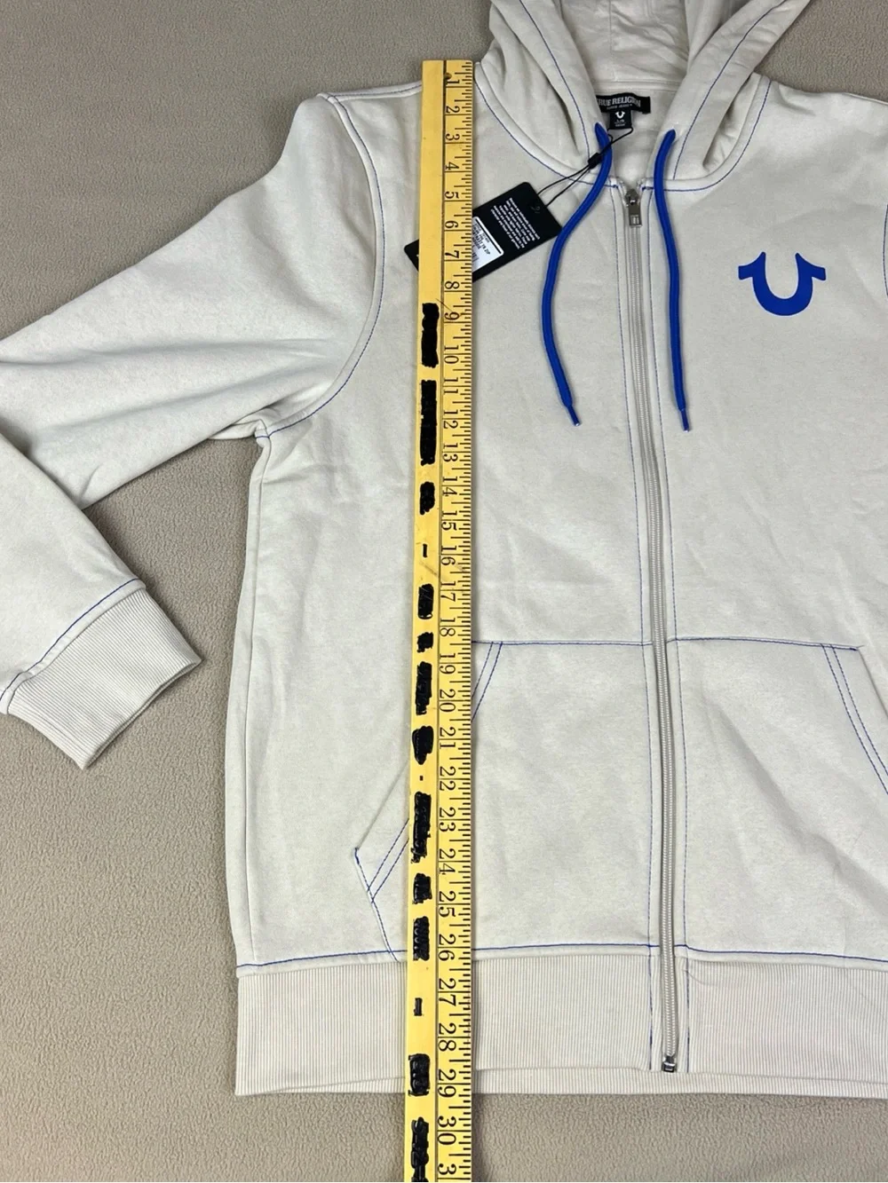 True Religion Contrast TR Full Zip Hoodie, Buddha Logo. Fog Beige. Sz Large